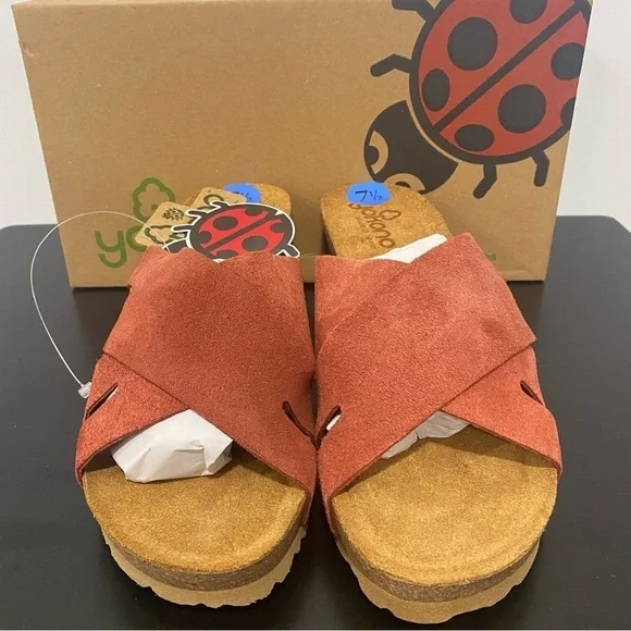 YOKONO Women’s Canela Suede Cross Band Padded Wedge Sandals Brick Size 7.5 - Picture 1 of 6